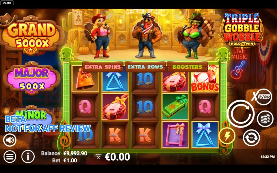 Base game reels of Triple Gobble Wobble with a single red BONUS turkey symbol at the top of the fifth reel among instrument and card symbols