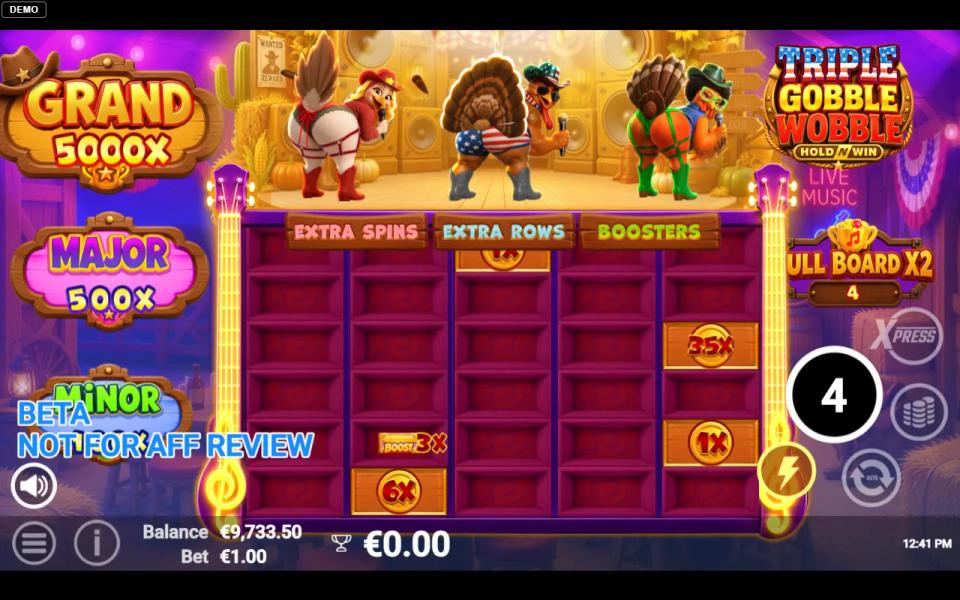 Early Hold N Win board in Triple Gobble Wobble with a BOOST 3X reel booster beside a coin on the second reel and a few coins on the fifth