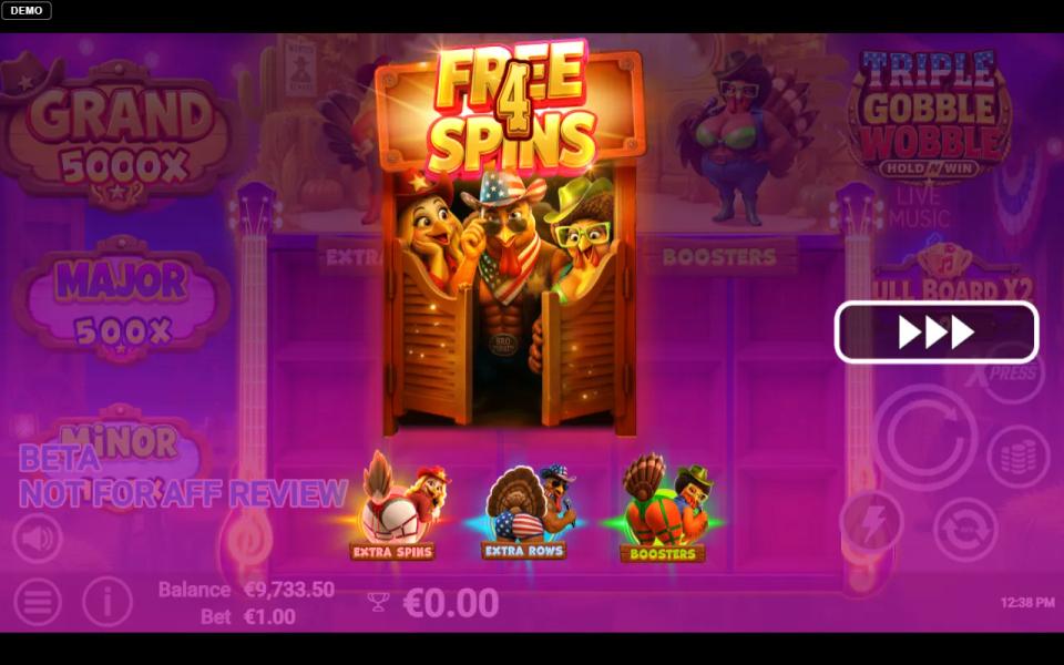 Triple Gobble Wobble bonus intro card with three turkeys behind saloon doors and the Extra Spins, Extra Rows and Boosters badges all lit
