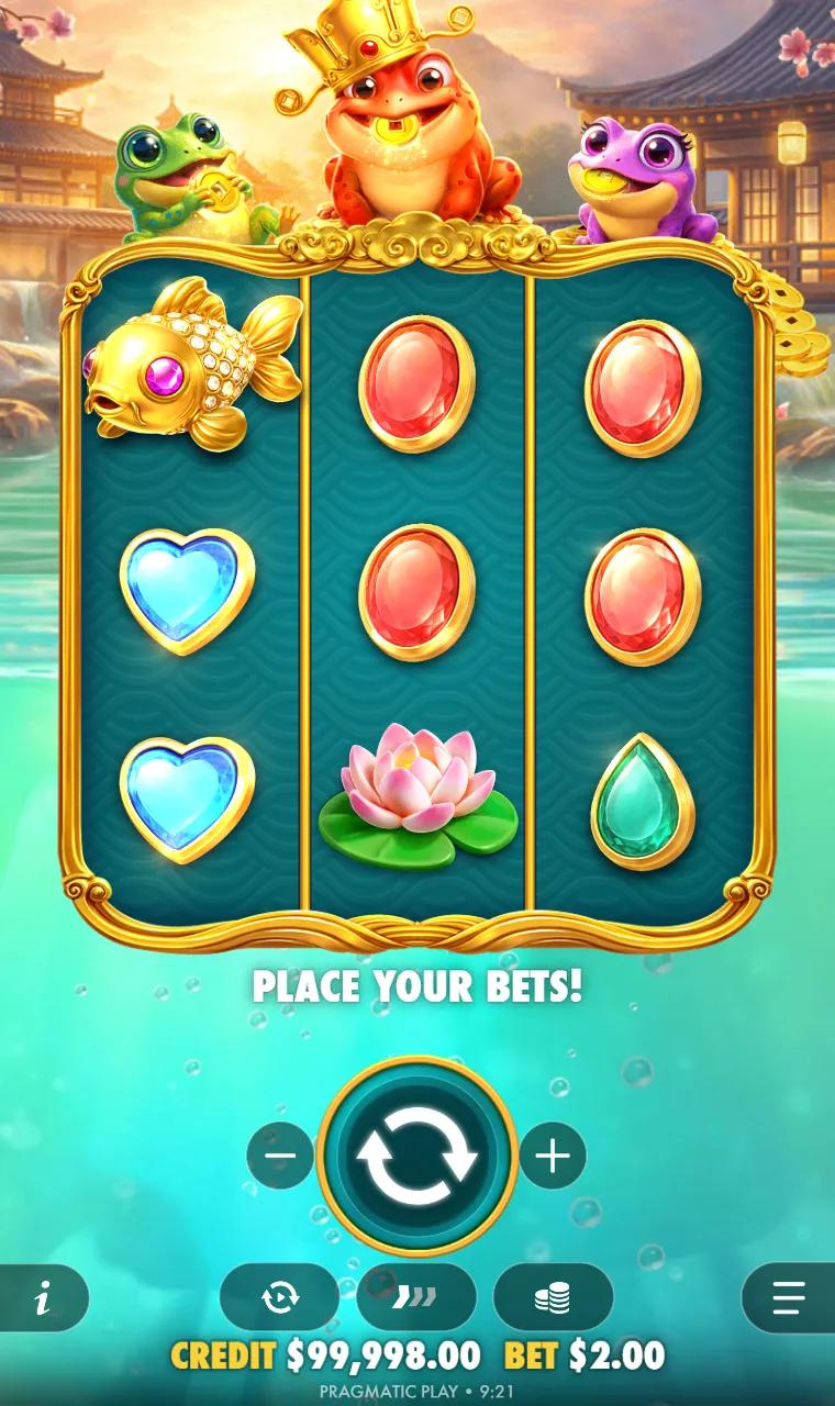 Triple Hop Pots slot 3x3 grid over a hot spring with the golden koi, gems and the three collector frogs above the reels