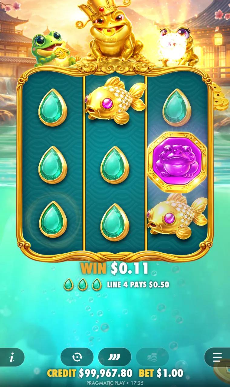 Triple Hop Pots 3x3 board with three green gems paying on a diagonal, a purple frog scatter on reel 3 and the purple frog above the reels lighting up
