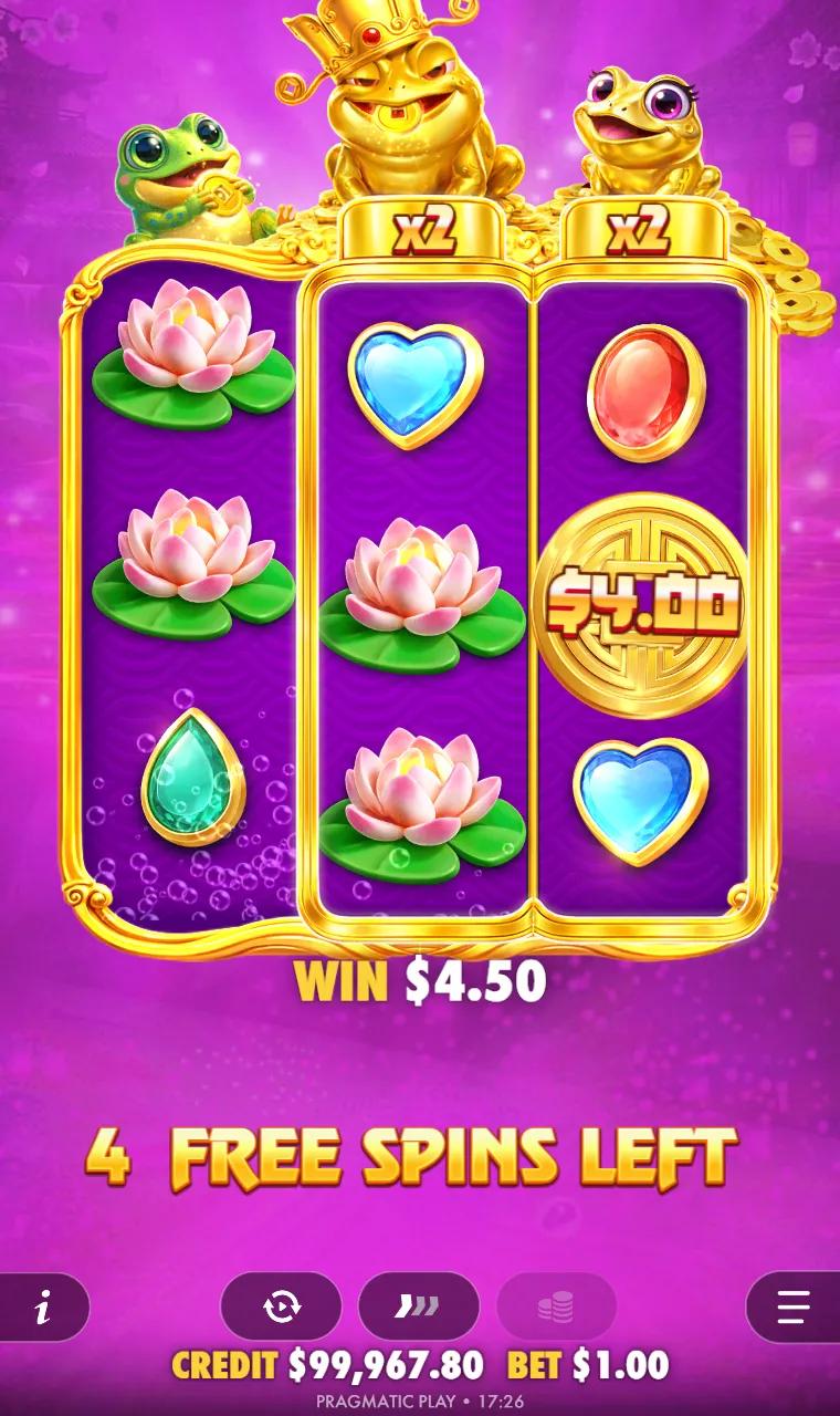 Free spin under the purple modifier, x2 badges over reels 2 and 3 and a cash symbol landing on reel 3