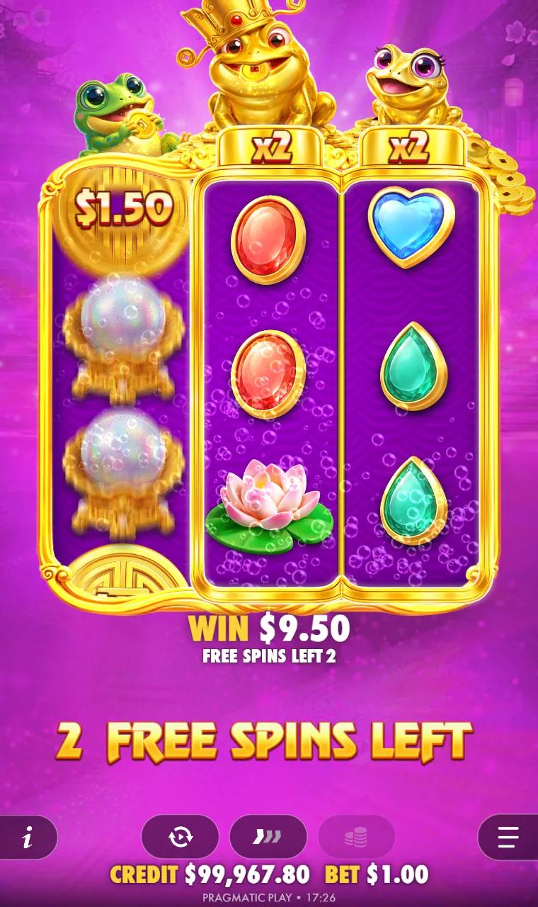 Free spin with a cash symbol on reel 1, which carries no multiplier badge under the purple modifier