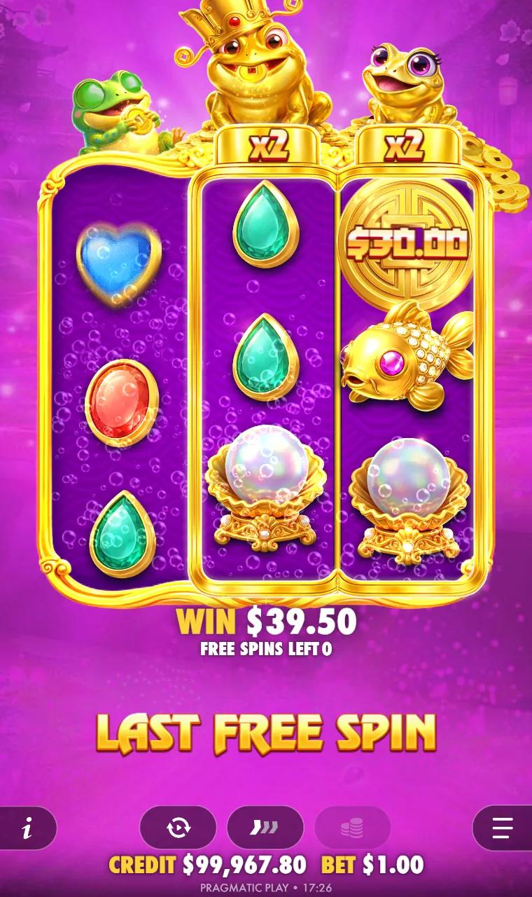Free spin with a doubled cash symbol at the top of reel 3 under its x2 badge, pearls and gems below it