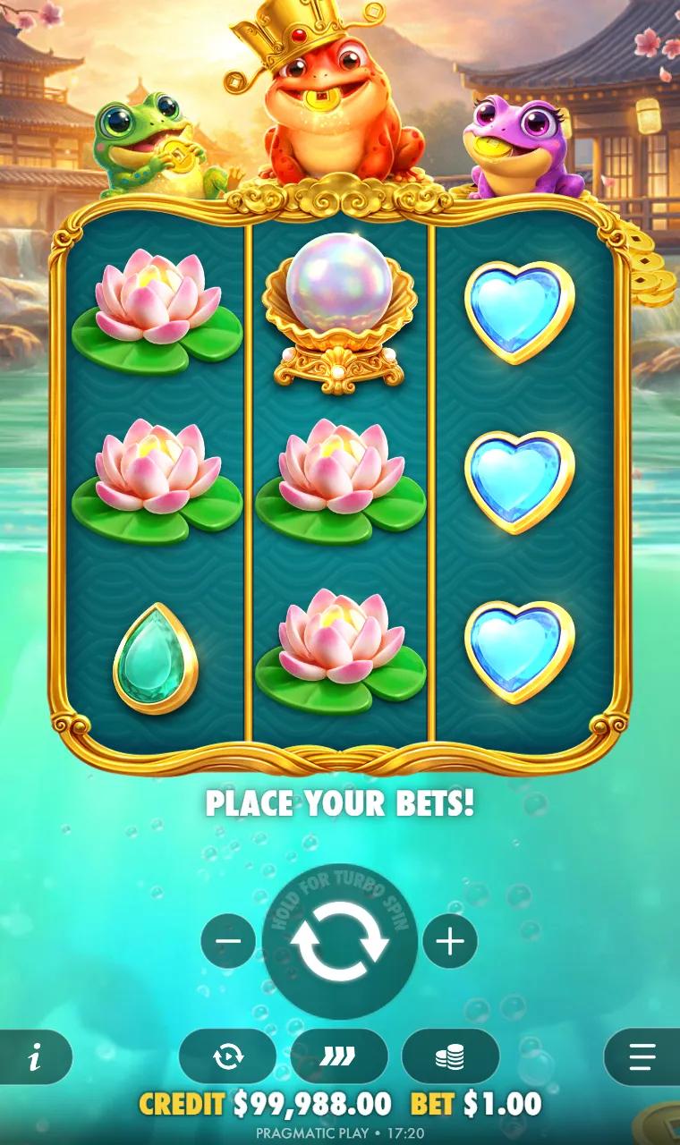 Base game board with three lotus flowers and a pearl scattered across it and no line of three