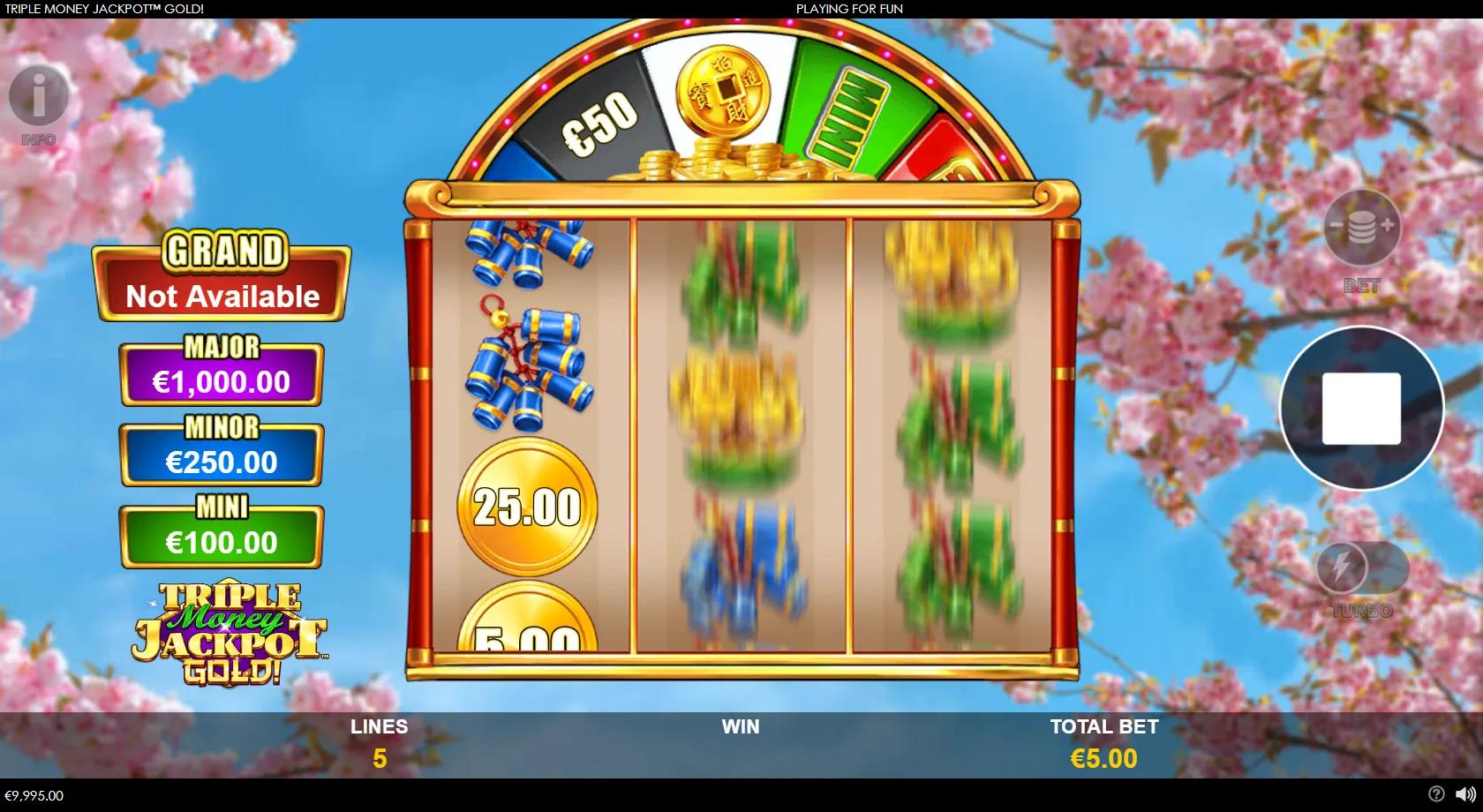 Triple Money Jackpot Gold slot: 3x3 Asian gold-coin grid with money coins, a Wheel of Luck and four jackpot tiers