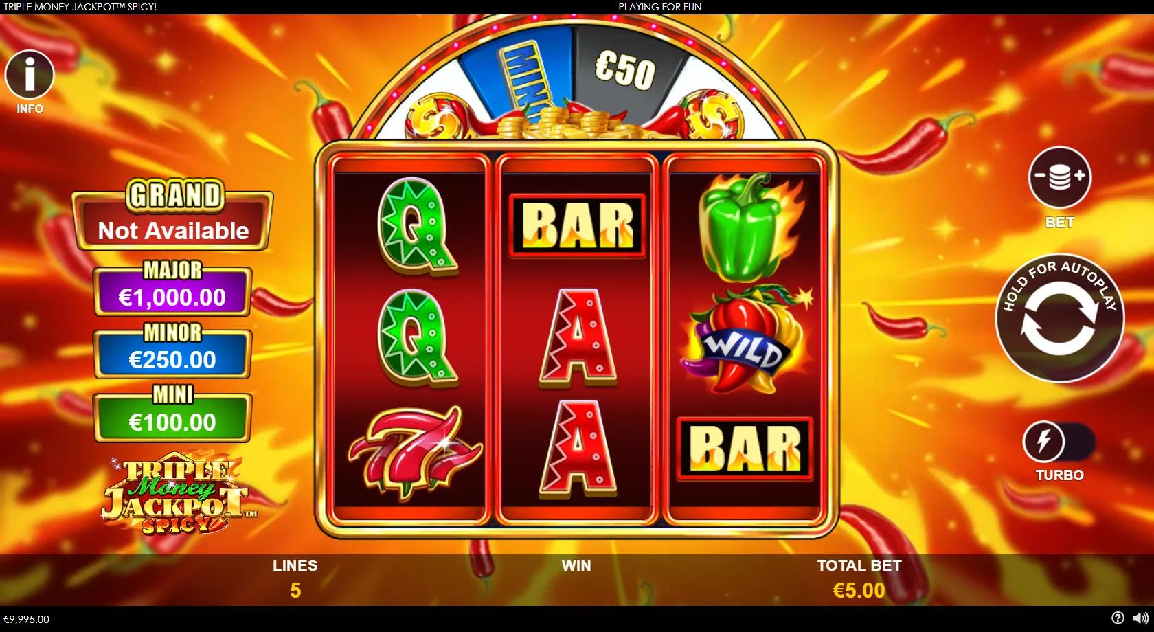 Triple Money Jackpot Spicy slot: 3x3 chili-themed grid with money coins, a Wheel of Luck and four jackpot tiers