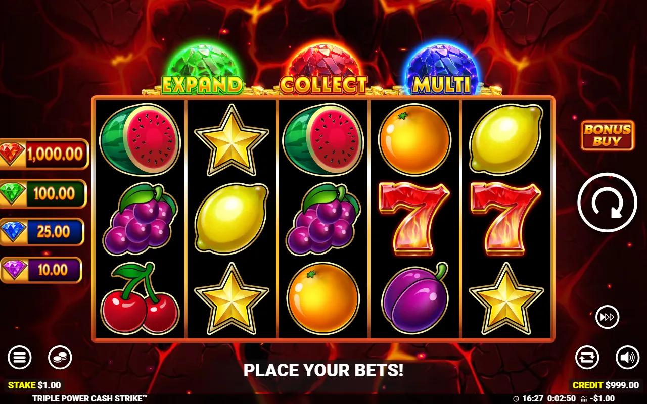 Triple Power Cash Strike slot 5x3 fruit reels over lava with the EXPAND, COLLECT and MULTI orbs above the grid