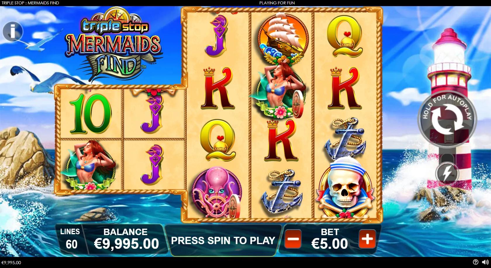 Triple Stop Mermaids Find gameplay showing the expanding nautical reels with mermaid, lighthouse and ship symbols
