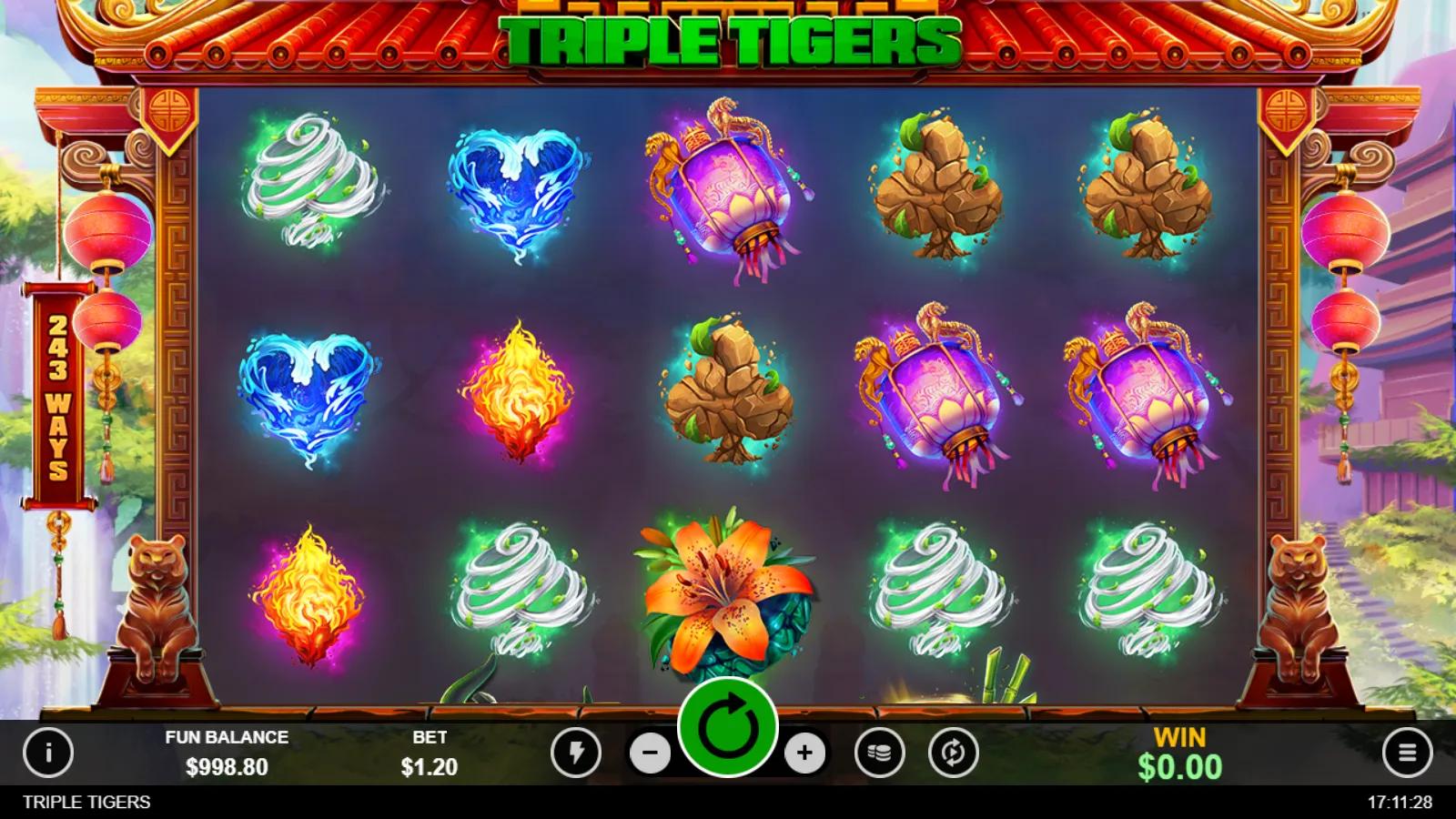 Triple Tigers slot gameplay showing the 5x4 243-ways grid with elemental gem and lantern symbols in a Chinese temple