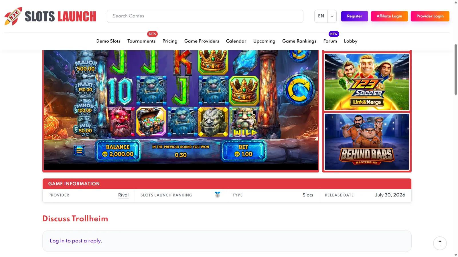 Trollheim slot gameplay showing 5x3 troll-cave reels with stacked Wild totem and Mini to Grand jackpot ladder