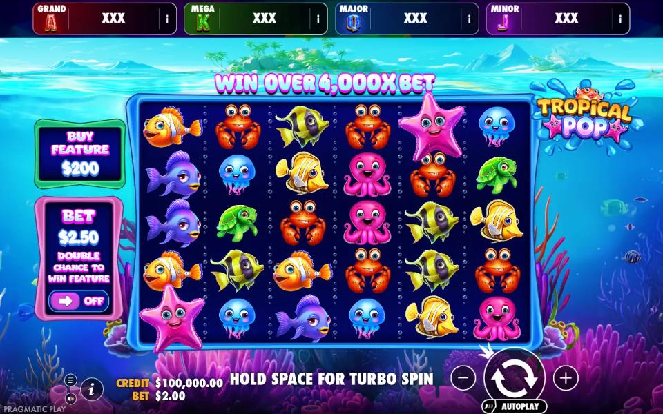 Tropical Pop Jackpot Play 6x5 grid of cartoon sea creatures beneath four jackpot plates reading XXX, with buy feature and ante panels at the left
