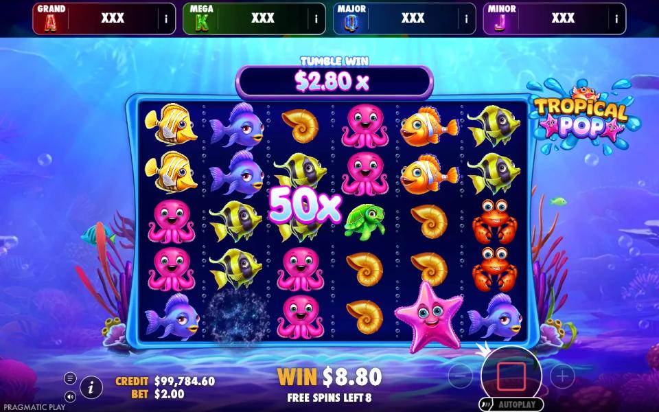 A 50x pufferfish multiplier symbol on the Tropical Pop Jackpot Play grid during free spins