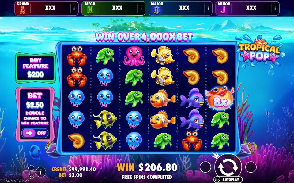 The Tropical Pop Jackpot Play win field showing 206.80 at the end of a bought free spins round, with four jackpot plates still reading XXX