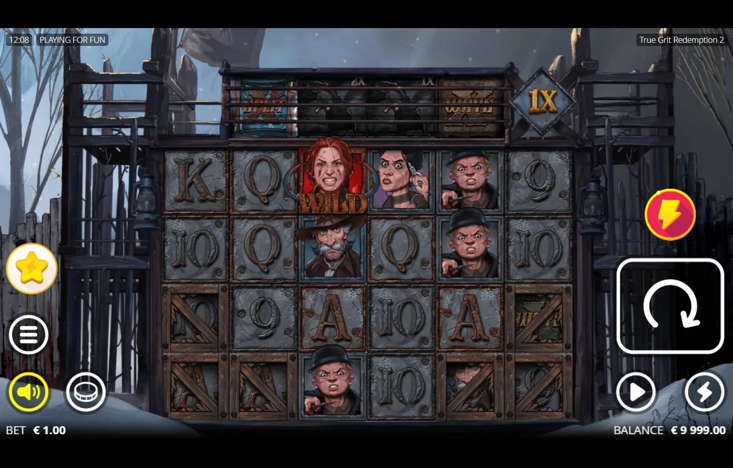 True Grit Redemption 2 slot gameplay showing 6x4 reel area with enhancer row and locked boxes at the corners