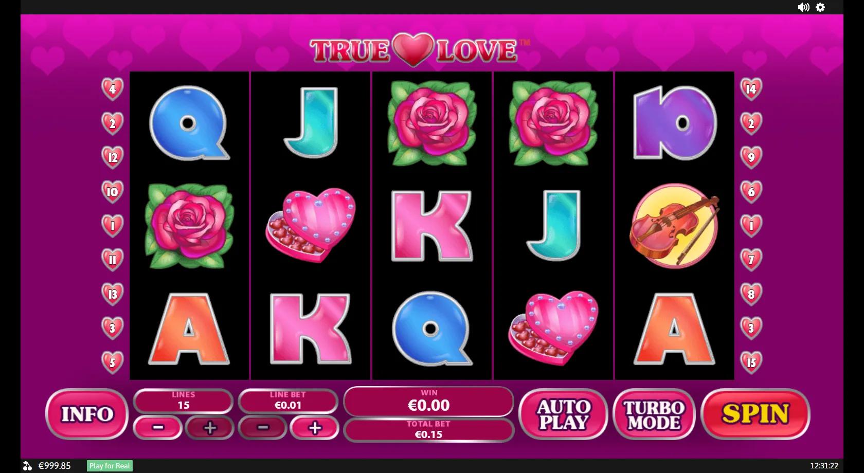 True Love slot: 5x3 15-line grid with the Cupid wild, rose, chocolate heart and ring symbols