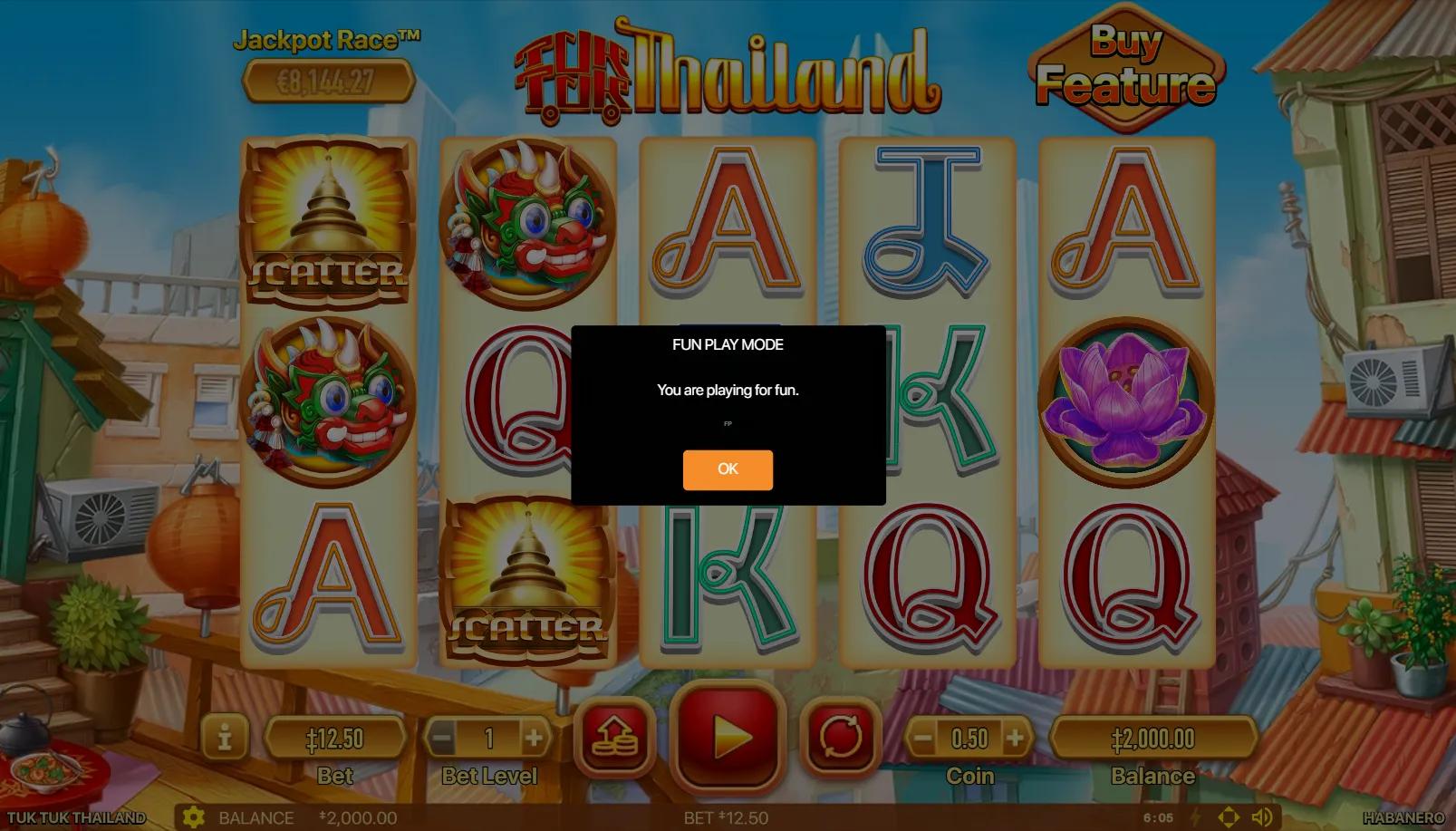 Tuk Tuk Thailand slot gameplay showing 5x3 grid with red dragon mask, scatter pagoda, Purple Lotus money symbol and card royals on Bangkok rooftop backdrop with Race jackpot meter