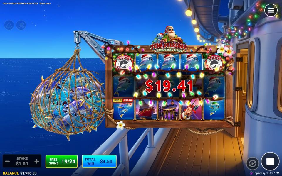 Free spin 19 of 24 in Tuna Overload Christmas Haul with five red-hat tunas lined up across line 9 after the upgrade