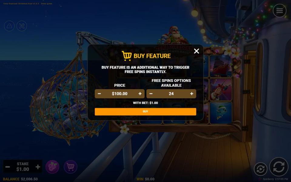 Buy Feature dialog in Tuna Overload Christmas Haul offering 24 free spins for 100 times the bet