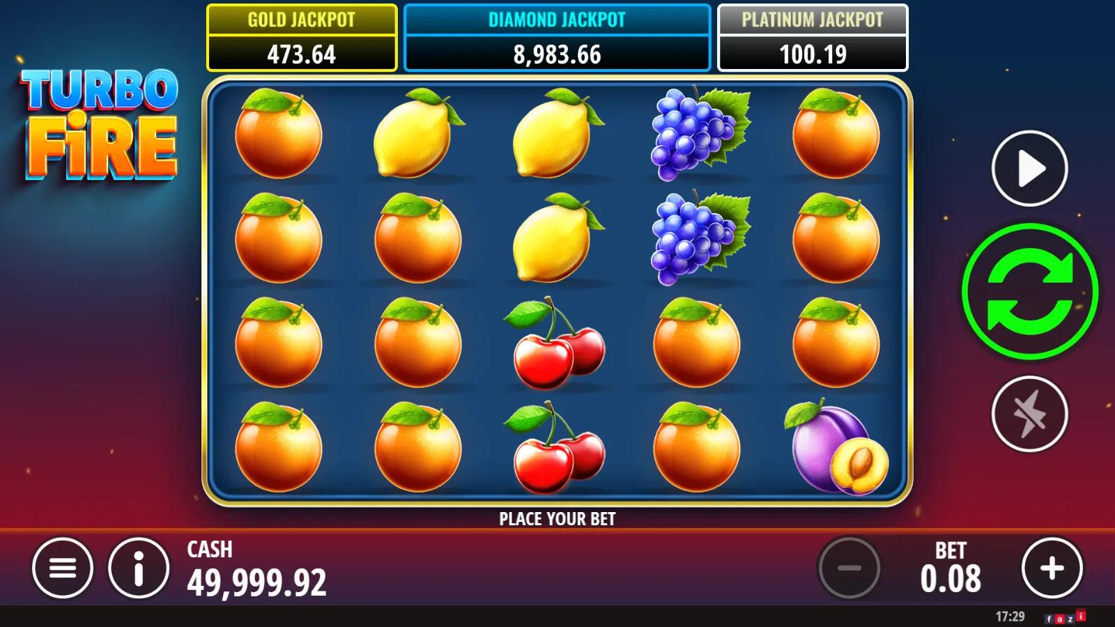 Turbo Fire slot gameplay showing 5x4 fruit grid with red 7 wild, gold star scatter and 40 paylines