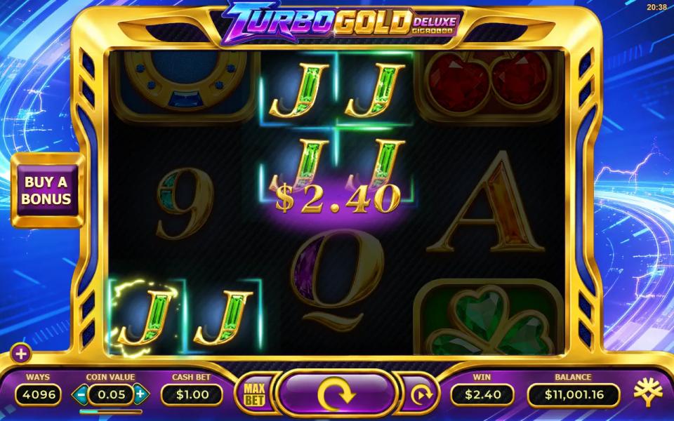 Turbo Gold Deluxe 6x4 board with a J win lit across reels 1 to 4, two J on each of reels 3 and 4 and oversized Cherries, A and Clover symbols on the right