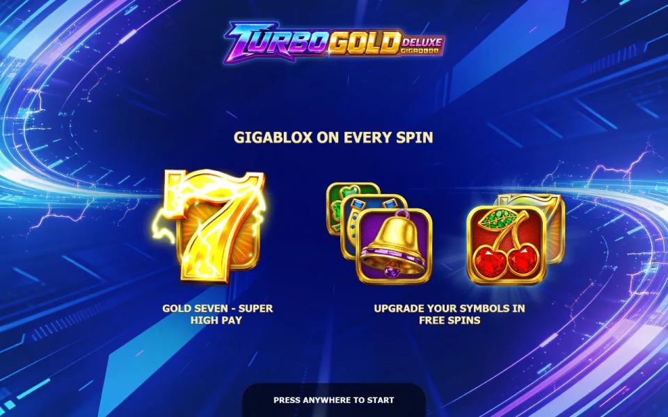 Turbo Gold Deluxe intro screen with the neon logo, a gold 7, a stack of Clover, Horseshoe and Bell symbols and a Cherries symbol on a lightning-blue background