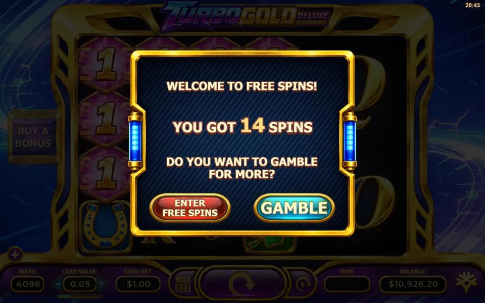 Free spins welcome card offering 14 spins with an Enter Free Spins button and a Gamble button