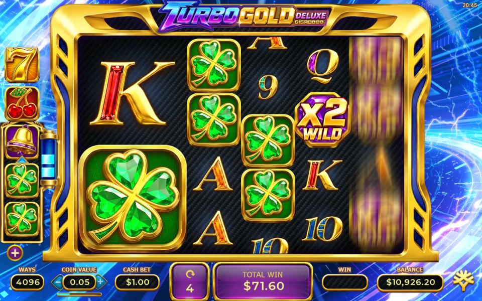 Free spins board with a 2x2 Clover block on reels 1 and 2, Clovers on reels 3 and 4 and an x2 Wild on reel 5