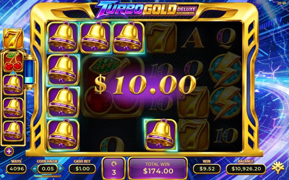 Bells lit across reels 1 to 4 in free spins after the Clover was upgraded to Bell, with the upgrade ladder at the left edge