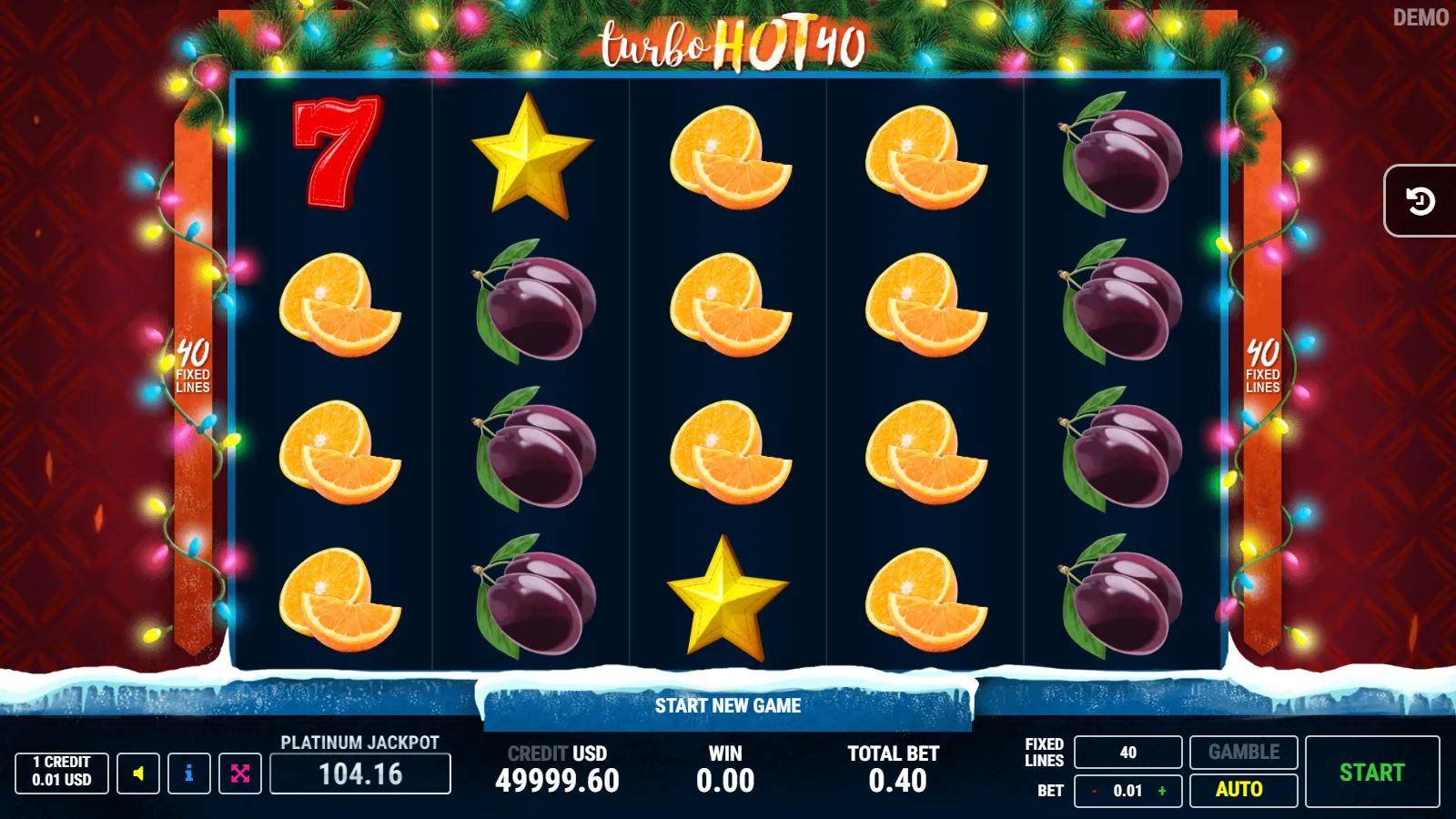 Turbo Hot 40 Christmas slot gameplay showing 5x4 fruit grid with red 7 wild, gold star scatter, watermelon and 40 paylines