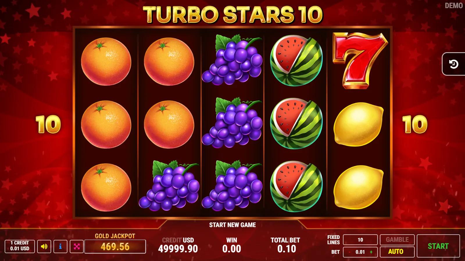 Turbo Stars 10 slot gameplay showing 5x3 fruit grid with gold star wild, red 7, watermelon and 10 paylines
