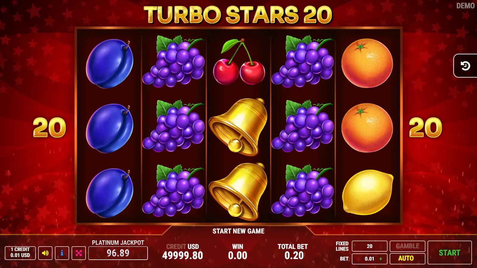 Turbo Stars 20 slot gameplay showing 5x3 fruit grid with gold star wild, red 7, bell and 20 paylines