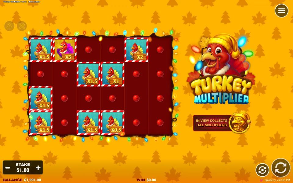 Turkey Multiplier 6x4 board with nine turkeys in winter hats carrying multipliers from 0.5x to 5x and no golden coin in view