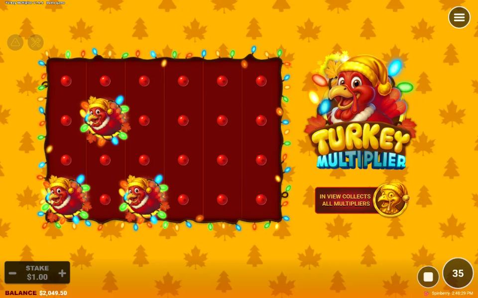 Three Red Turkey scatters on the first three reels of Turkey Multiplier starting the Lock and Spin feature
