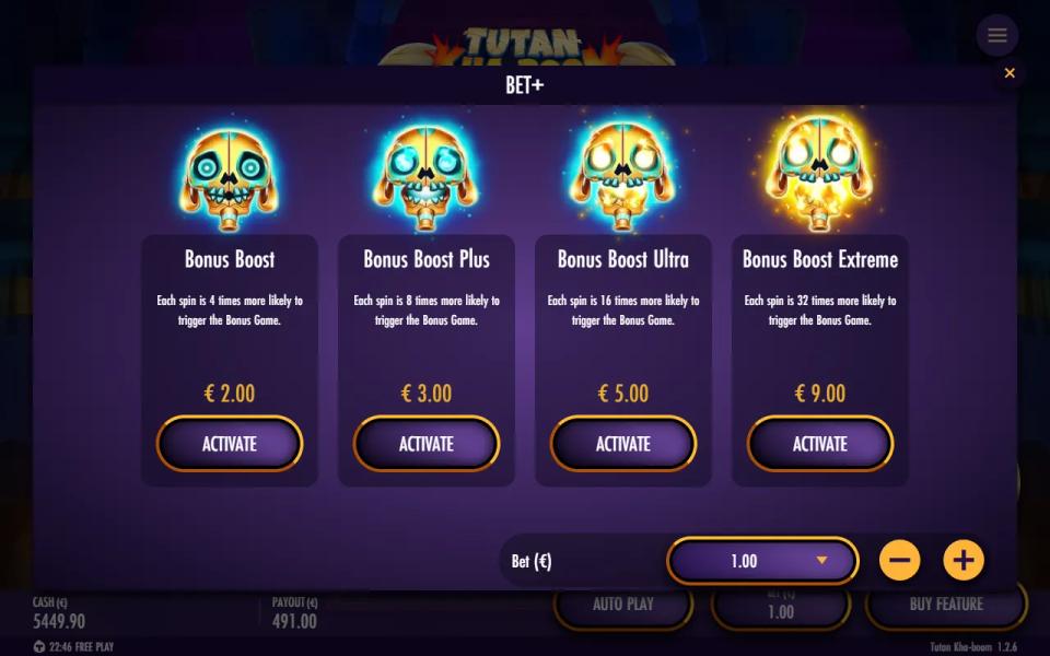 The BET+ panel listing Bonus Boost, Plus, Ultra and Extreme with their prices per spin