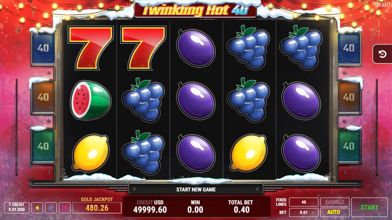 Twinkling Hot 40 Christmas slot gameplay showing 5x3 fruit grid with red 7 wild, gold star scatter, watermelon and 40 paylines