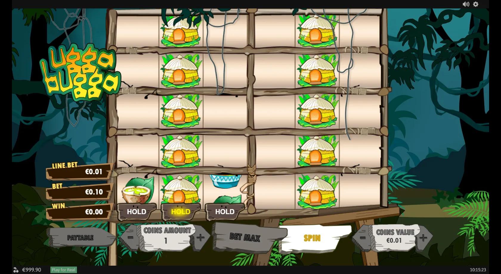 Ugga Bugga gameplay showing the 10-column bamboo board with tribal mask, drum, hut and bowl symbols and Hold buttons