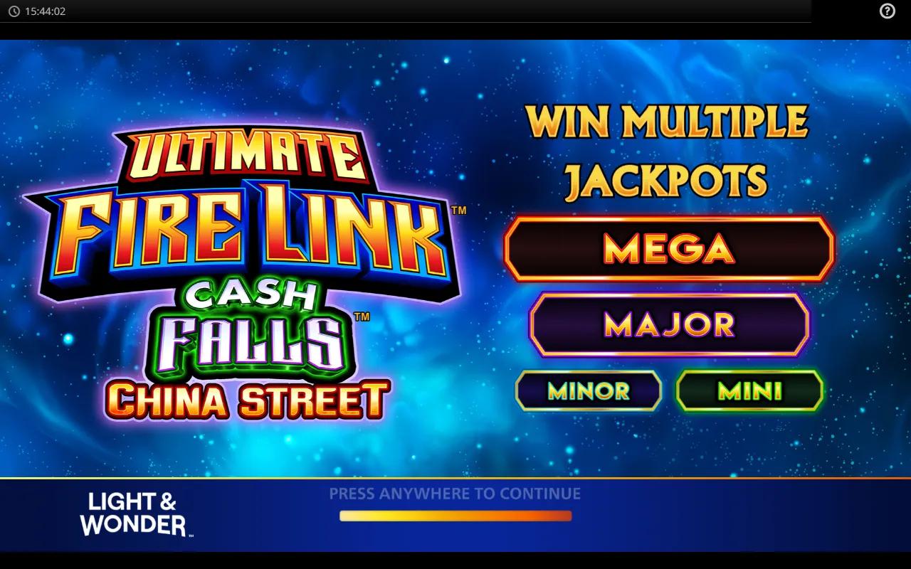 Ultimate Fire Link Cash Falls China Street slot showing 5x4 grid with MEGA/MAJOR/MINOR/MINI jackpot ladder and dim sum premium symbols