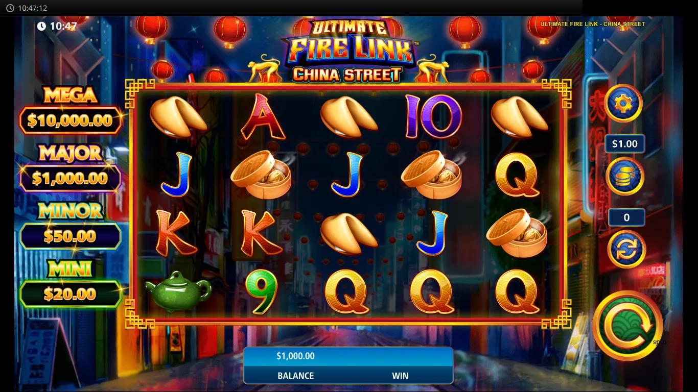 Ultimate Fire Link China Street slot by Light & Wonder, 5x3 reels framed by Chinatown alley with red lanterns