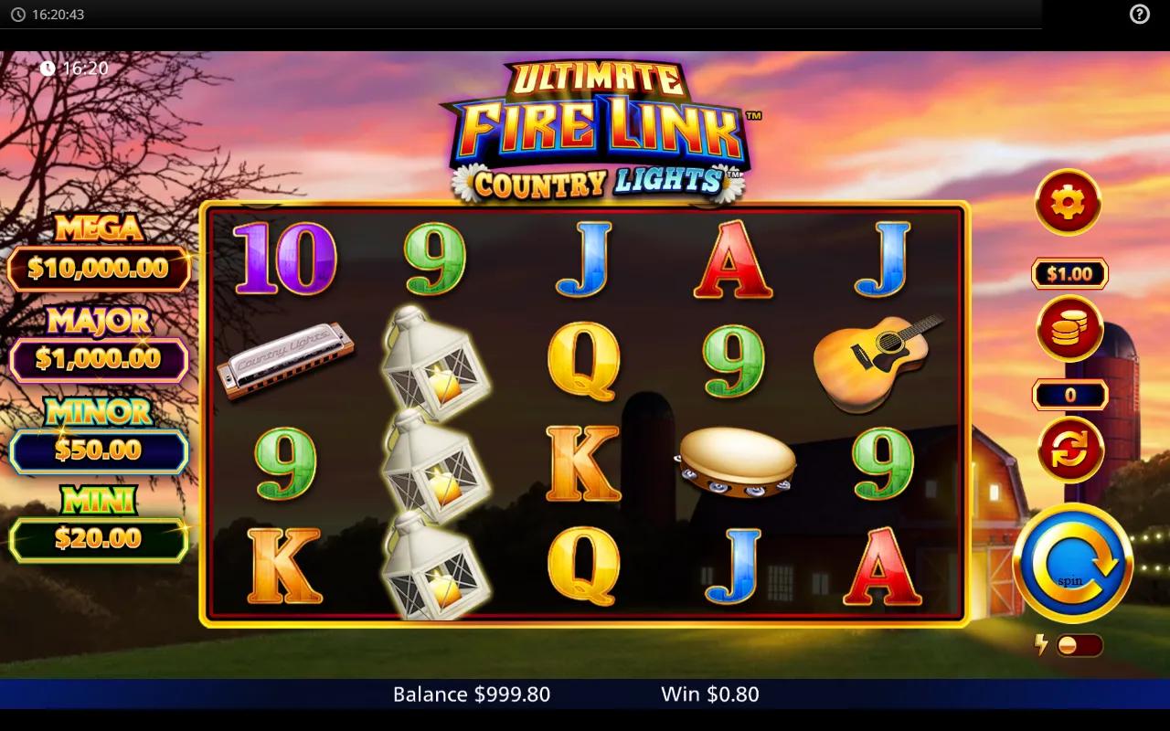 Ultimate Fire Link Country Lights slot showing 5x4 grid with banjo, cowboy hat and barn premiums against country sunset