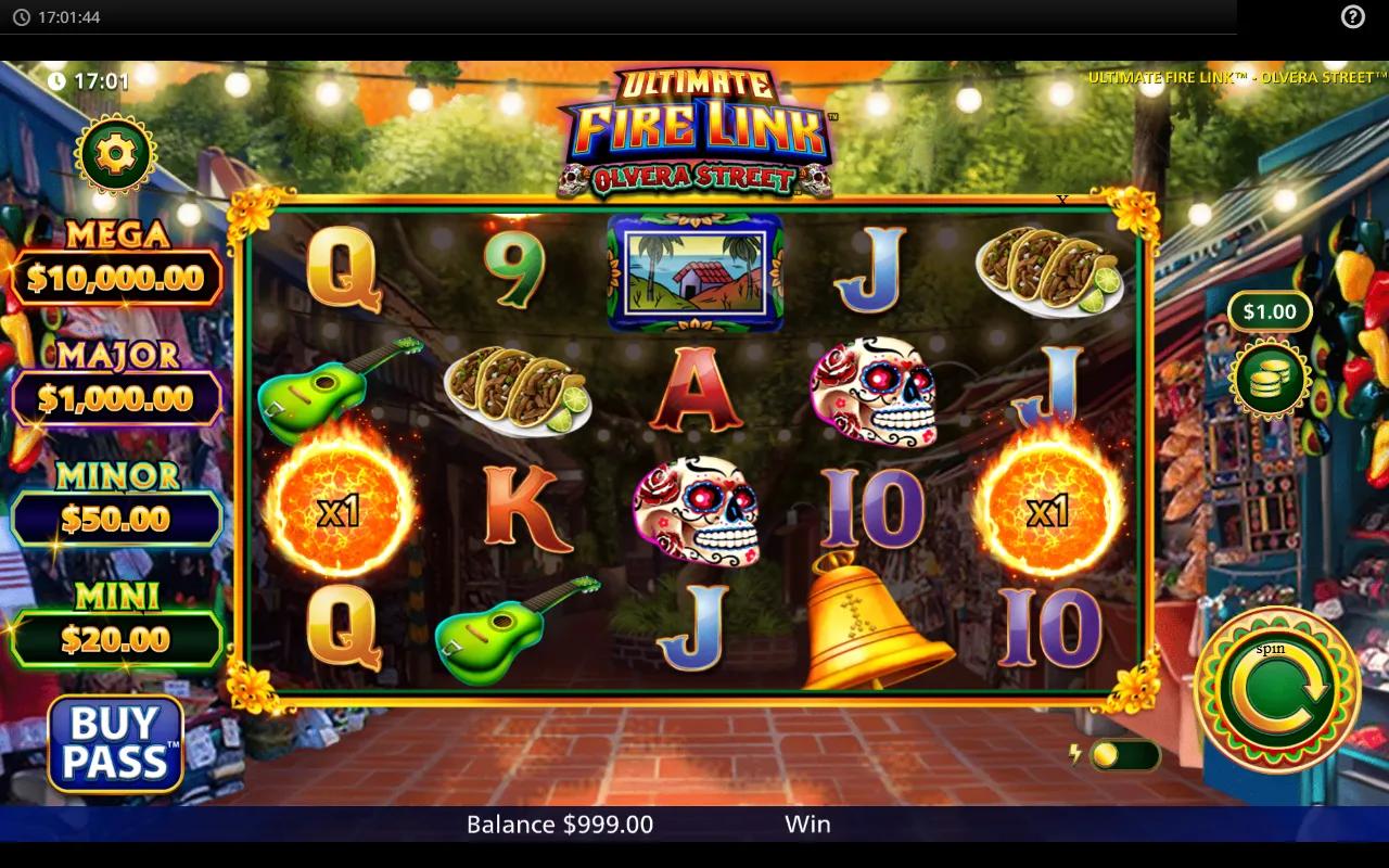 Ultimate Fire Link Olvera Street gameplay showing 5x4 grid with sugar skull symbols and 4-tier jackpot ladder