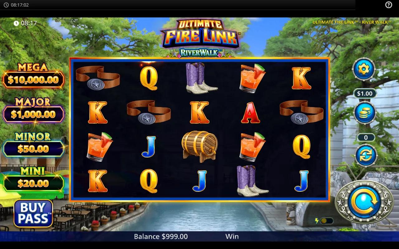 Ultimate Fire Link River Walk slot gameplay showing fireball symbols and lantern wilds on twilight Texas reels