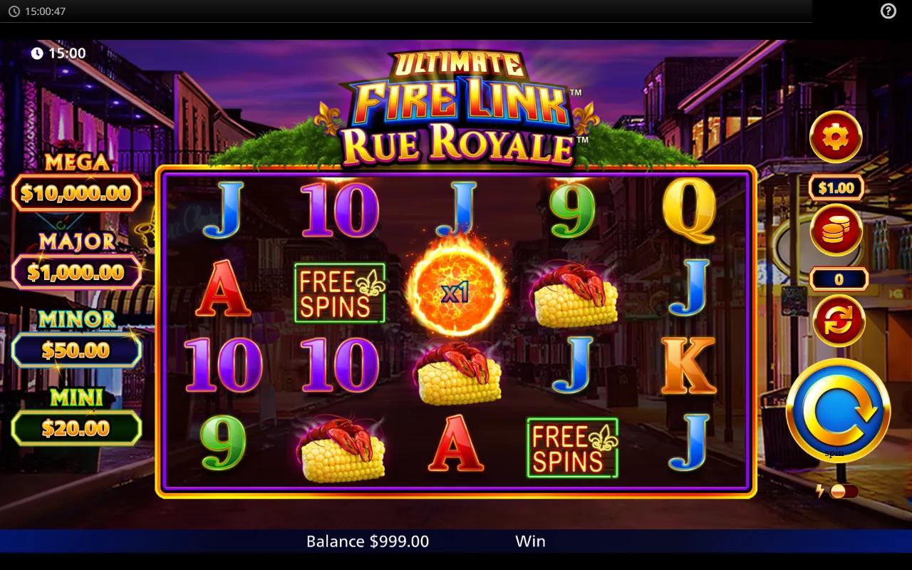 Ultimate Fire Link Rue Royale slot showing 5x4 grid with crawfish, trumpet and gas lamp symbols against a New Orleans street
