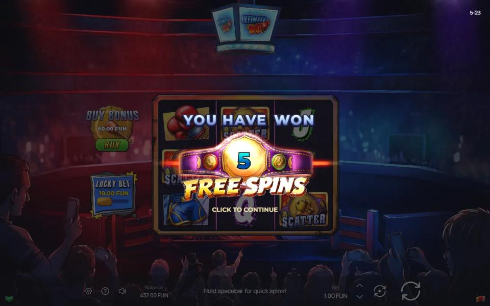 The Ultimate KO trigger card reading YOU HAVE WON 5 FREE SPINS after three championship belt scatters land