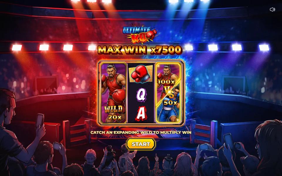 The Ultimate KO intro screen showing MAX WIN x7500 and an expanding wild with two boxers marked 100x and 50x