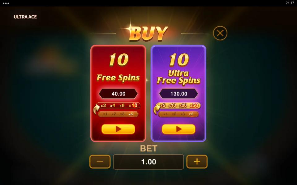 Ultra Ace buy menu at a 1.00 bet: 10 Free Spins for 40.00 with a x2 to x10 trail, 10 Ultra Free Spins for 130.00 with a x5 to x50 trail