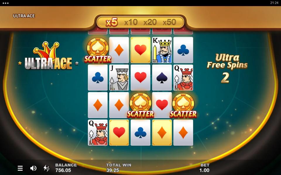 Ultra Free Spins board with three scatters on reels 1, 3 and 5 and two spins left on the counter