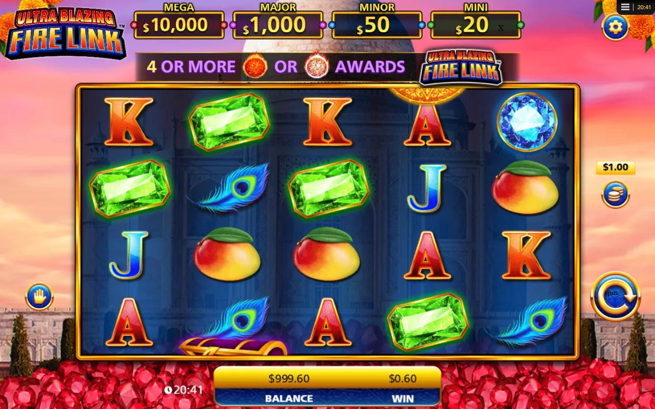Ultra Blazing Fire Link slot gameplay showing 5x3 reels with $10,000 MEGA jackpot ladder against an Indian Taj Mahal sunset backdrop