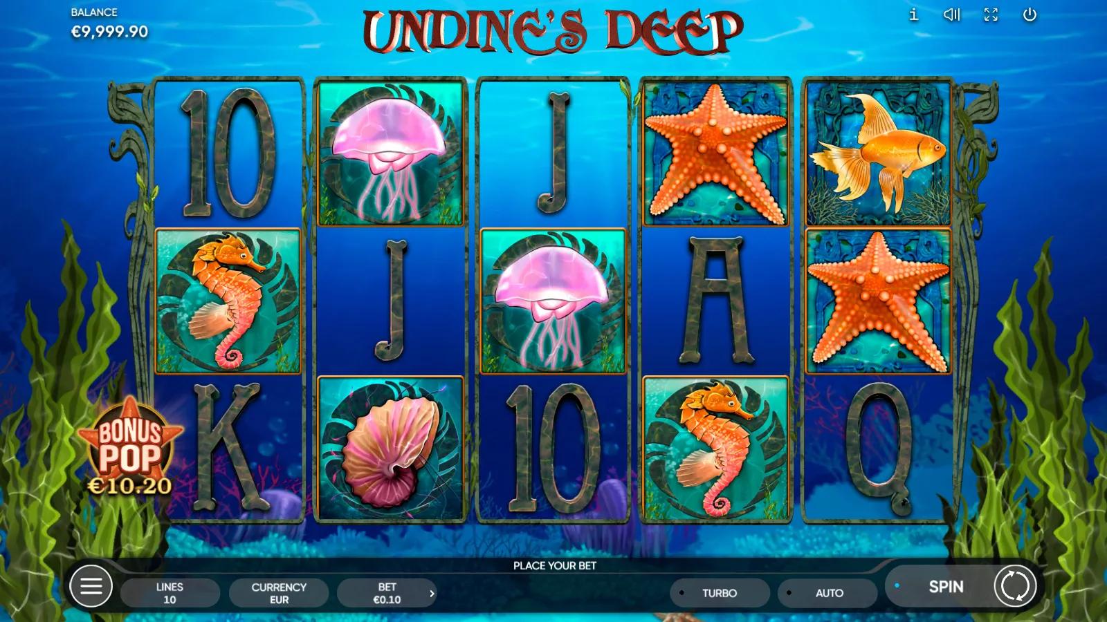 Undine's Deep slot gameplay showing 5x3 reels with a starfish, pink jellyfish and seahorse on a sunlit blue seabed