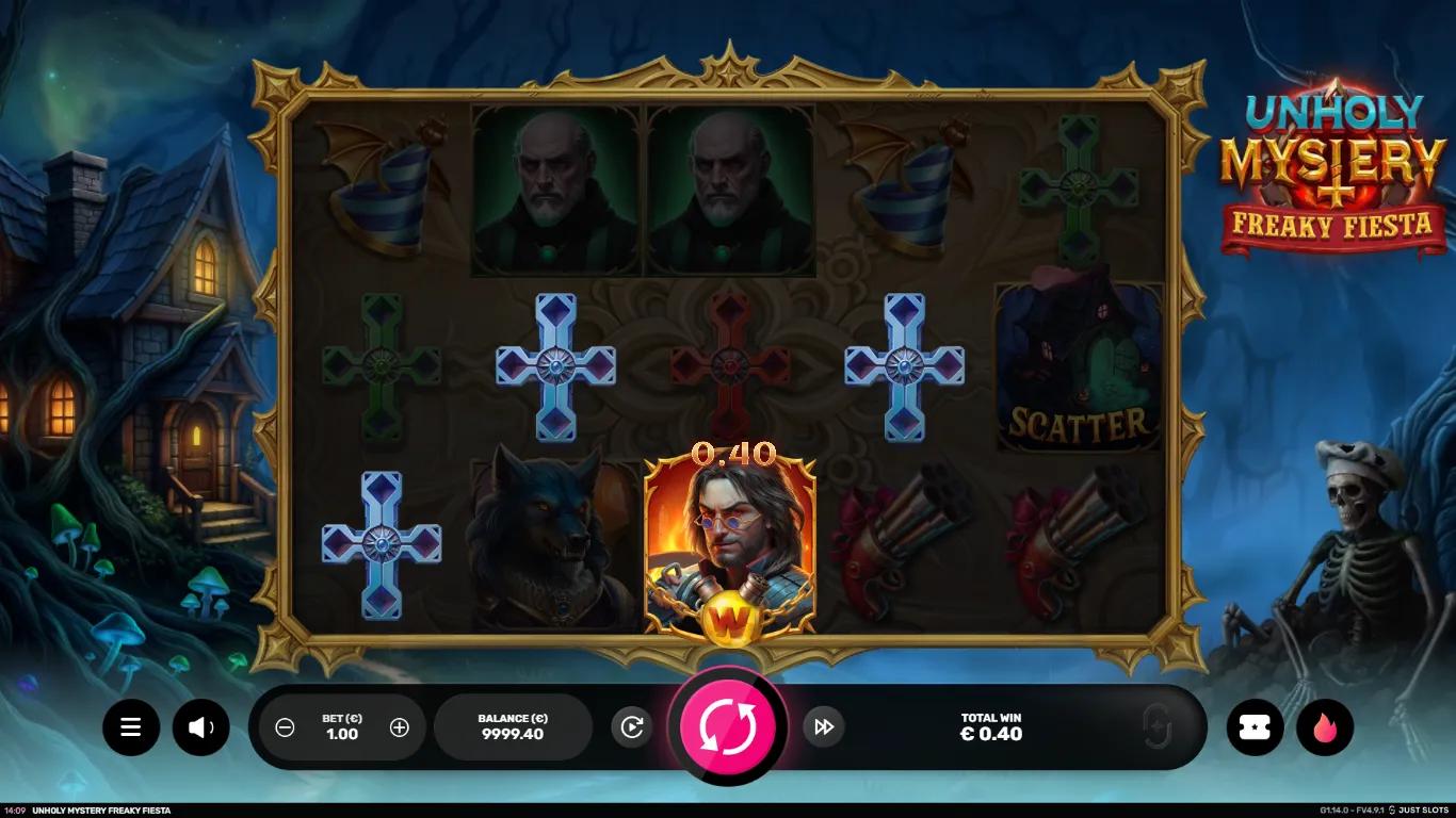 Unholy Mystery Freaky Fiesta gameplay showing 5x3 Halloween grid with werewolf high-pay symbol and pistol mid-pay symbols